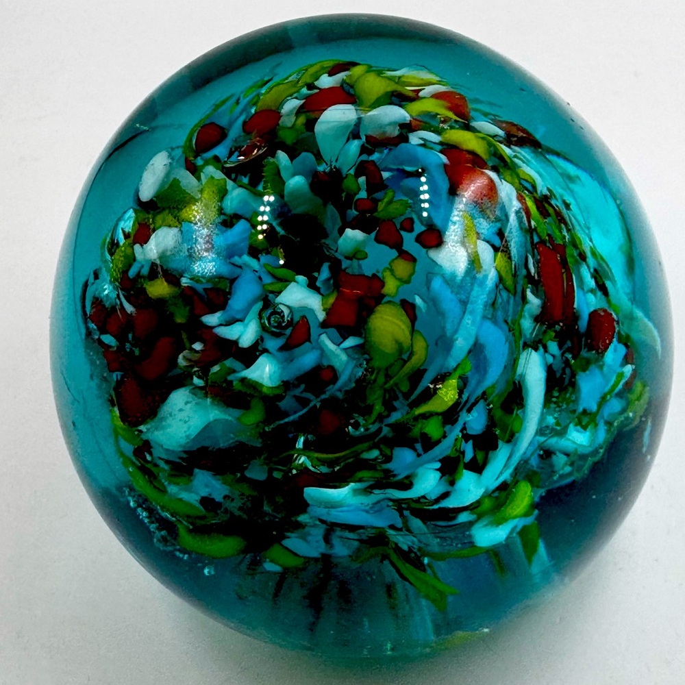 Vintage Blue with Multi Colored Speckled Art Glass Paperweight 3"
